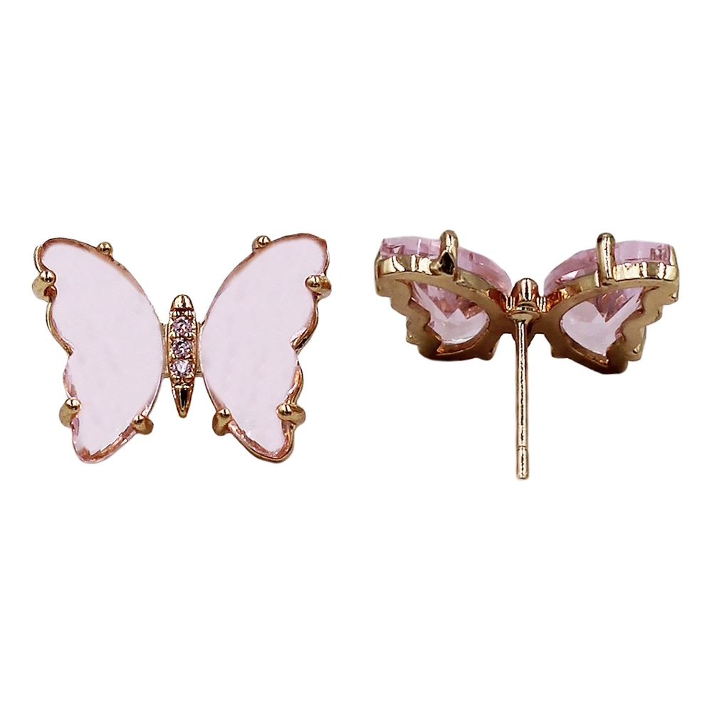 Pink simple colorful crystal butterfly earrings